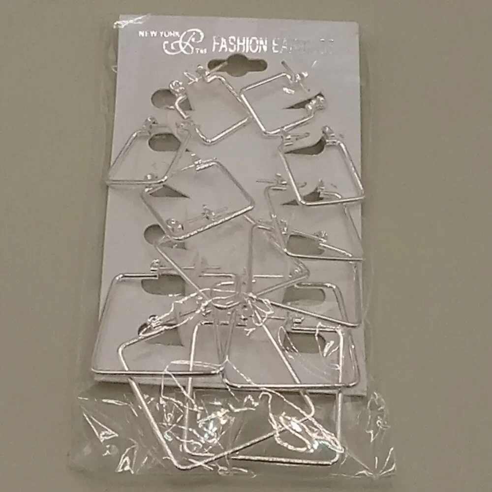Square Silver Tone 6 Pair Earrings Pierced Set Everyday Light Weight - Picture 3 of 7